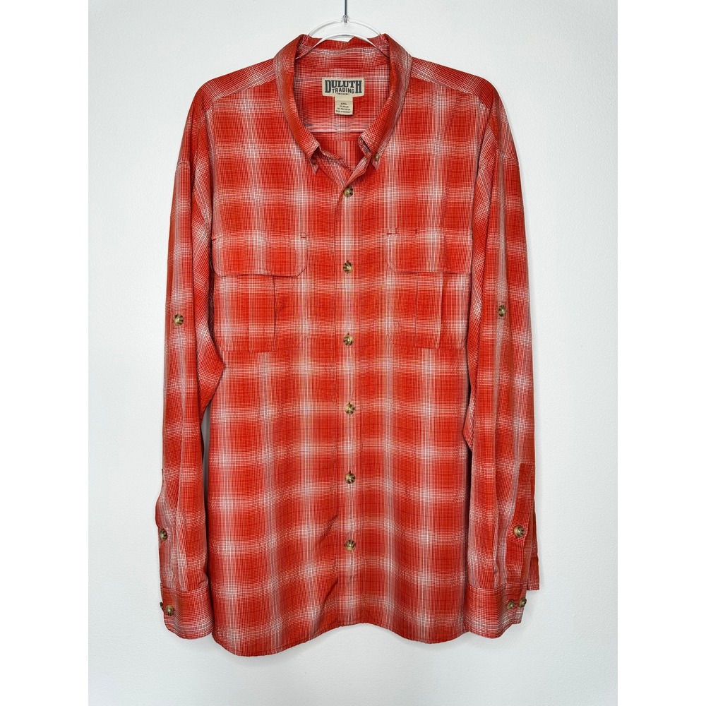 Duluth Trading Co Plaid Roll Tab Long Sleeve Button Down Shirt Sz‎ XXL Orange